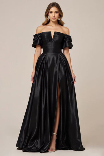 Black Satin Off the Shoulder A Line Long Formal Dress with Slit